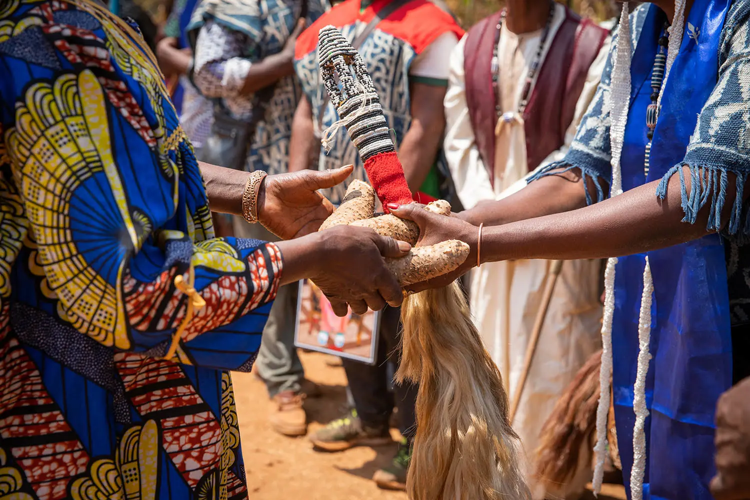 Person in traditional attire overlooking a lush, green landscape