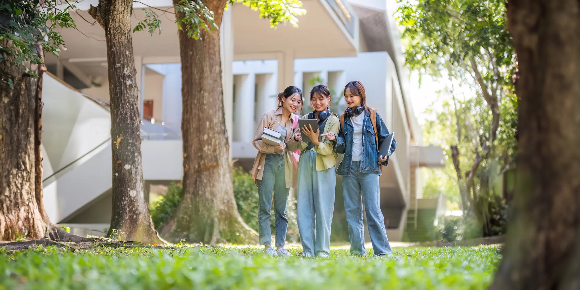 Diverse students at a modern university campus