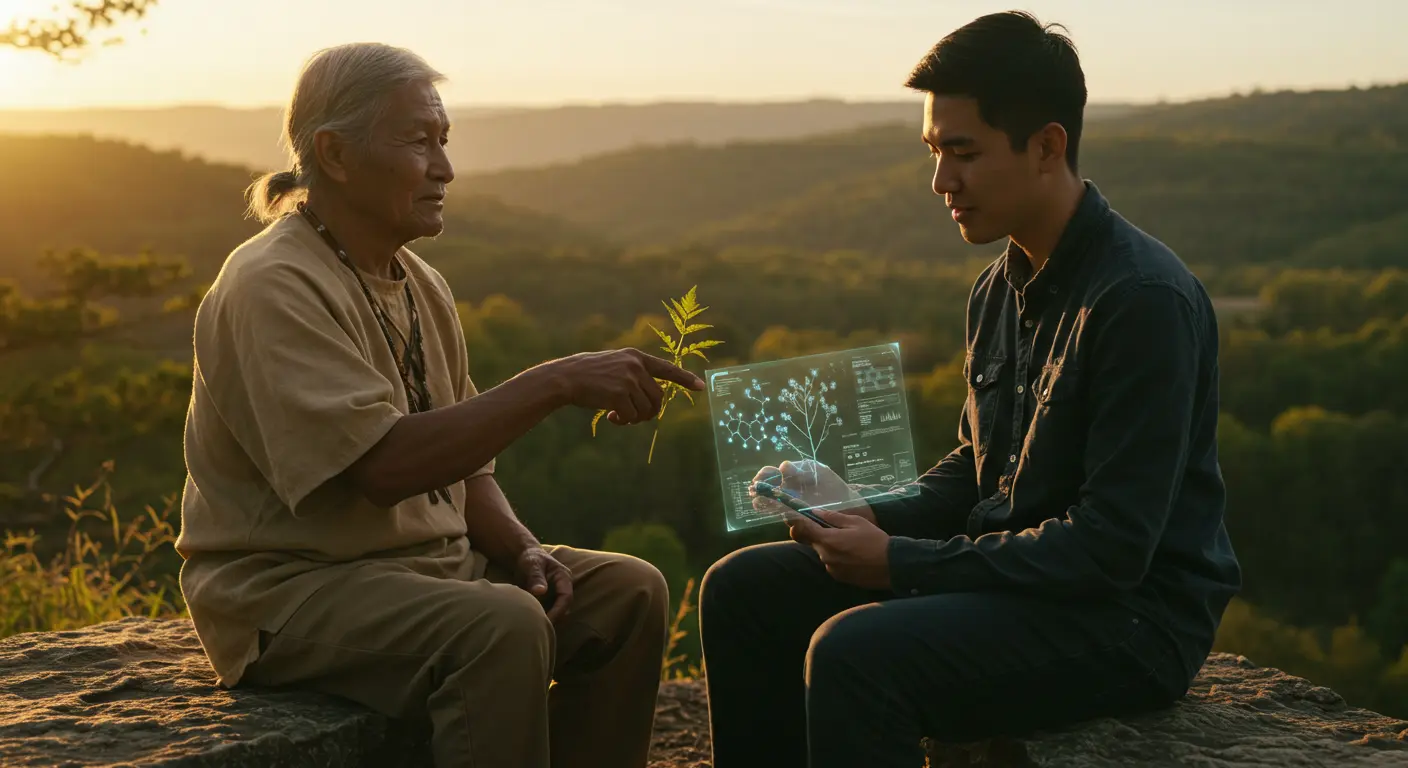 Person in traditional attire overlooking a lush, green landscape